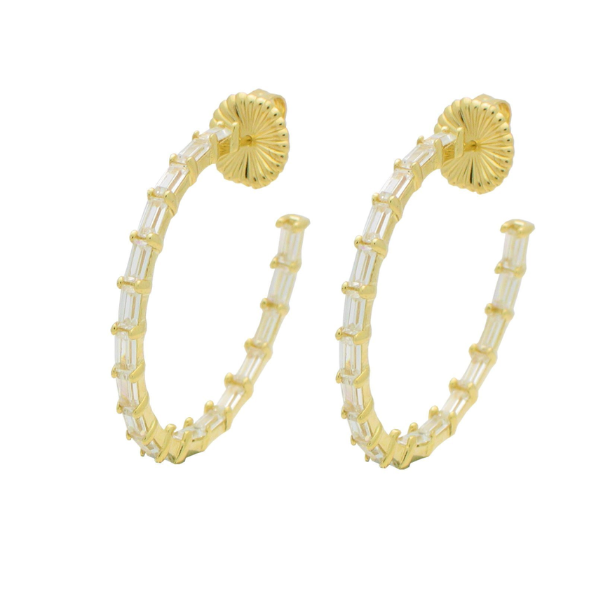 Fronay Co .925 Sterling Silver Baguette Cz Hoop Earrings plated in Gold (35mm)