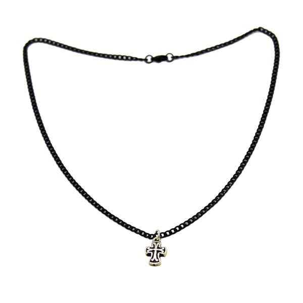 (4-3171-1056-h9) Men's Silver Cross on Black Coated Stainless Steel Chain, 20".