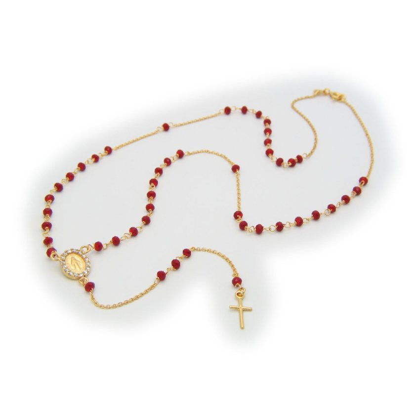 Milagrosa Madona Red Stone Rosary Necklace