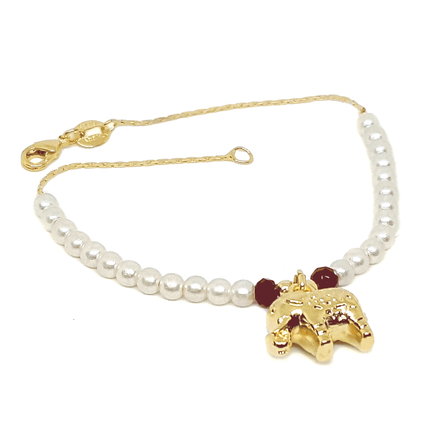 (1-0549-h7) Gold Overlay Elephant Charm Pearl Bracelet.
