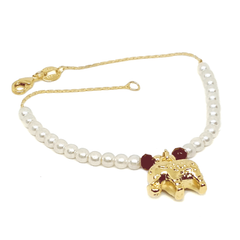 (1-0549-h7) Gold Overlay Elephant Charm Pearl Bracelet.