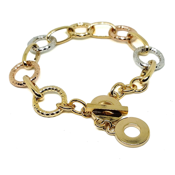 (1-0818-h5) Gold Overlay Three Tone Circles Bracelet, 7"-8".