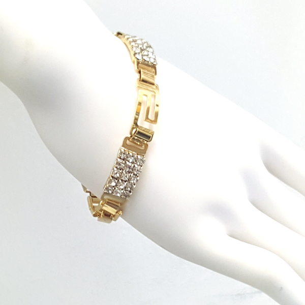 (1-0885-h3) Gold Overlay Over-sized Greek Design Bracelet with Crystals, 7.75"