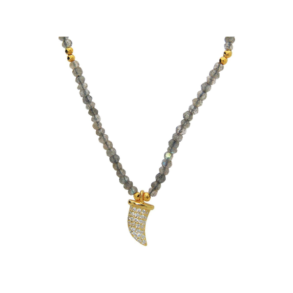 CZ Horn Pendant on Natural Labradorite Choker, 14"