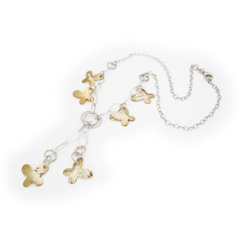 Italian Sterling Silver Two Tone Dangling Diamond Cut Butterflies Lariat Necklace 16" + 2.5" Drop