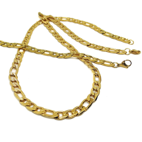 (4-7145-h5) Gold Over Stainless Steel Diamond Cut Figaro Link Set, 8mm.