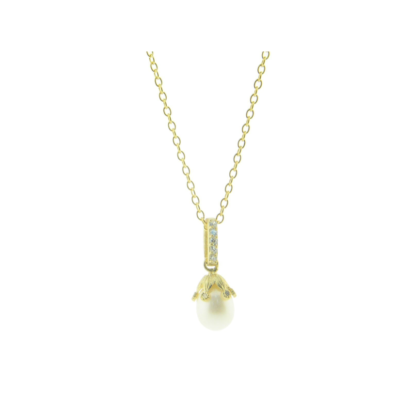 Designer Gold Pl Sterling Silver Rice Pearl Flower Pendant, 16"