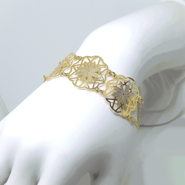 (1-0516-h6-2) Gold Overlay Flower Shield Link Bracelet.