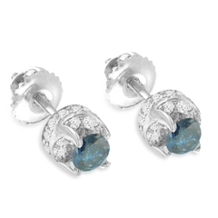 14k White Gold 1ct Treated Blue and White Round Cut Diamond Stud Earrings (I-J, I2-I3)