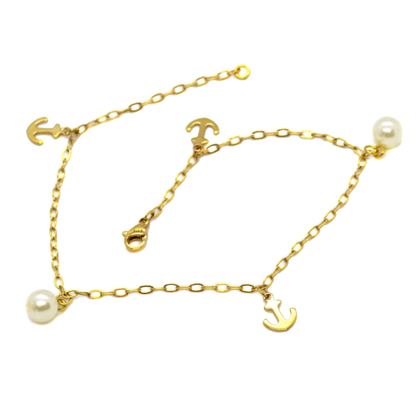 (1-0153-H8) Gold Plated Stainless Steel Charm Pearl Anklet, 10.5".