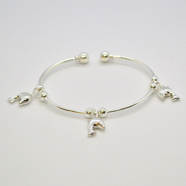 (2-0731-h8) Sterling Silver Dolphins Balance Bangle.