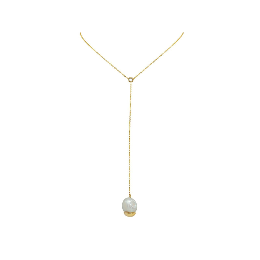 Dangling Gold Capped Pearl Lariat Necklace in Vermeil