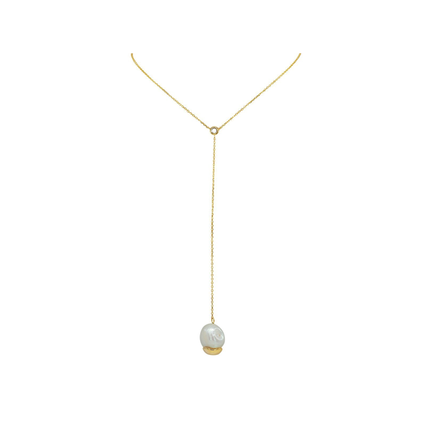 Dangling Gold Capped Pearl Lariat Necklace in Vermeil