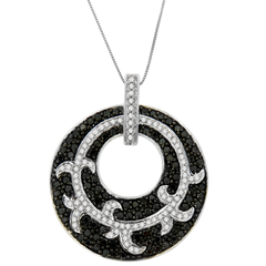 14k White Gold 1 1/2 CTTW Black and White Diamond Medallion Circle Pendant Necklace (H-I, I1-I2)
