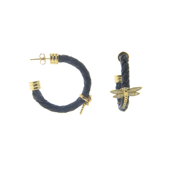 Black Leather Golden Dragonfly Hoop Earrings