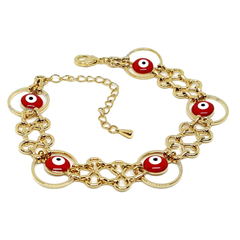 (1-0674-h5) Gold Plated Red Evil Eye Bracelet, 7"-9".