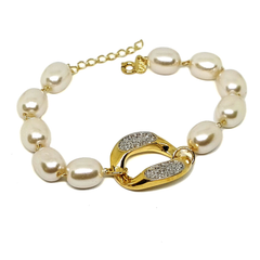 (1-0748-h5) Gold Overlay Link Pearl Bracelet 7.5"-8" adjustable length. 10mm Pearls.