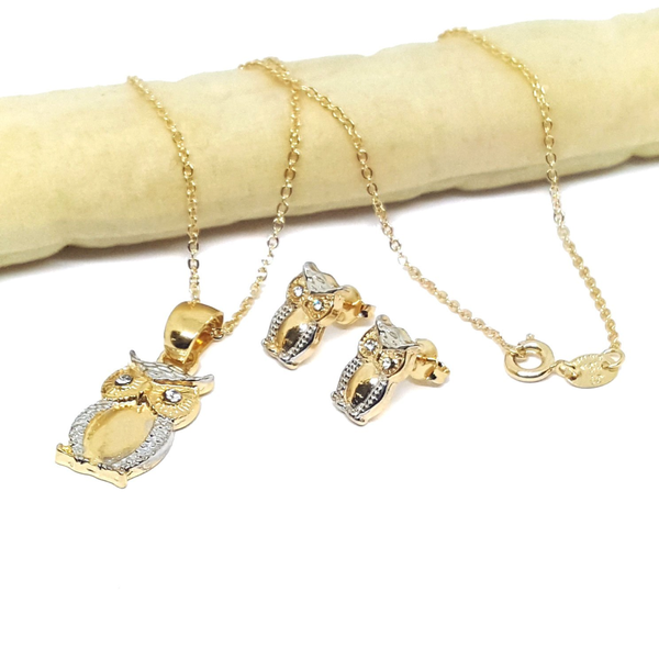 (1-6278-h4) Gold Overlay Two Tone Owl Set with GF Rolo Chain.