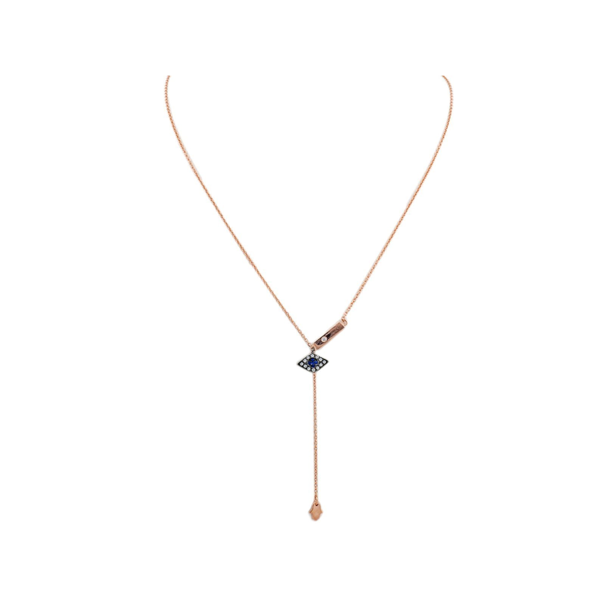 Rose Gold Plated Silver Hamsa and Eye Lariat Necklace, 15.5" + 2" ext