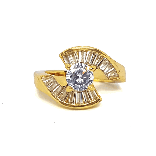 (1-3097-h6) Gold Overlay CZ Solitaire Ring with Baguette Accents.