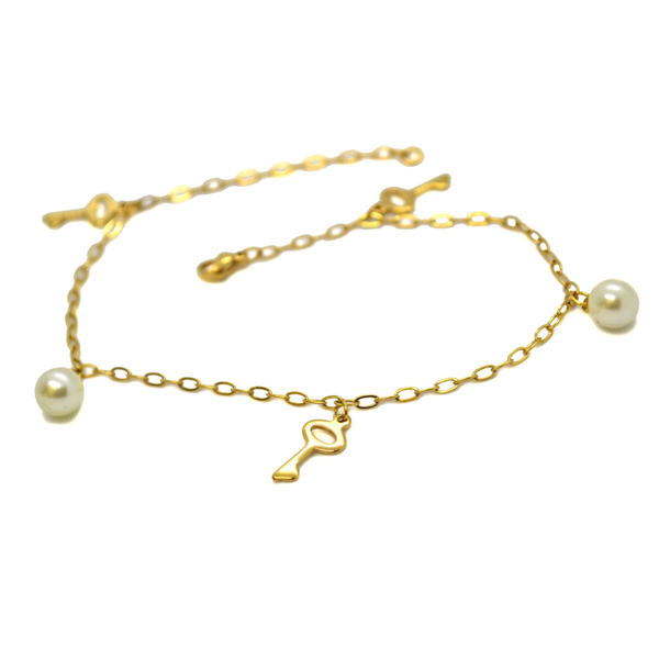 (1-0153-H8) Gold Plated Stainless Steel Charm Pearl Anklet, 10.5".