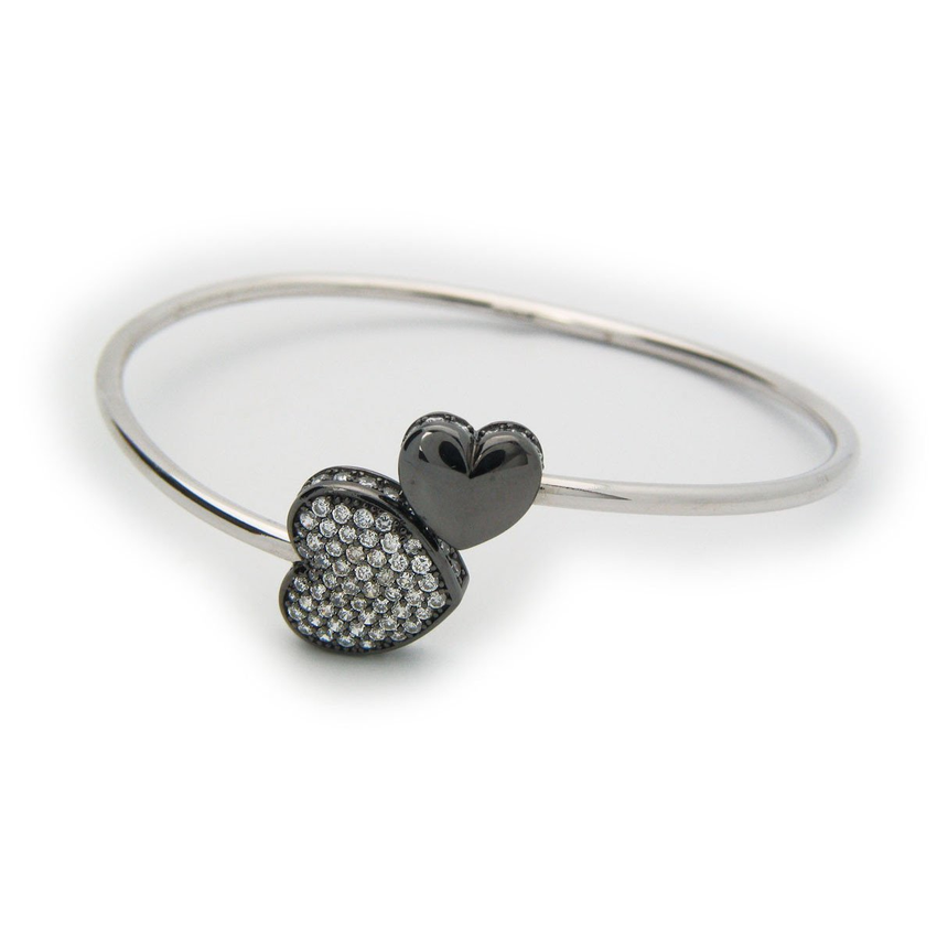 Sparkling Cz Heart Cuff Bangle in Gunmetal Sterling Silver