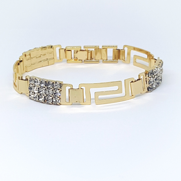 (1-0885-h3) Gold Overlay Over-sized Greek Design Bracelet with Crystals, 7.75"