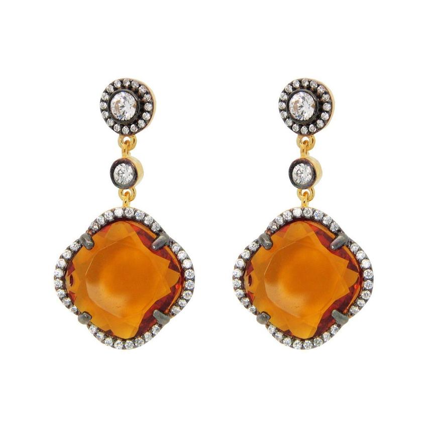 Women's Yellow Cubic Zirconia Clover Dangle Earrings in Gunmetal Sterling Silver