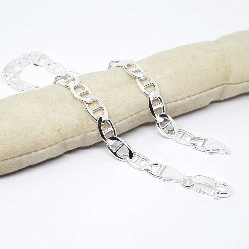 2-0115-h2 Sterling Silver Flat Mariner Link Anklet, 6.5mm