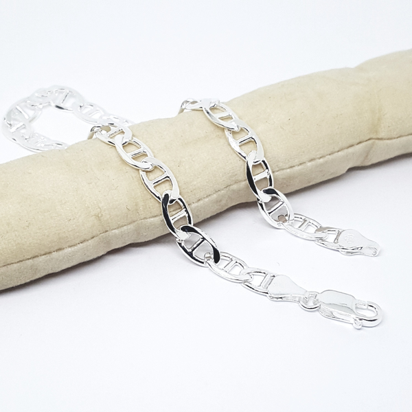 2-0115-h2 Sterling Silver Flat Mariner Link Anklet, 6.5mm