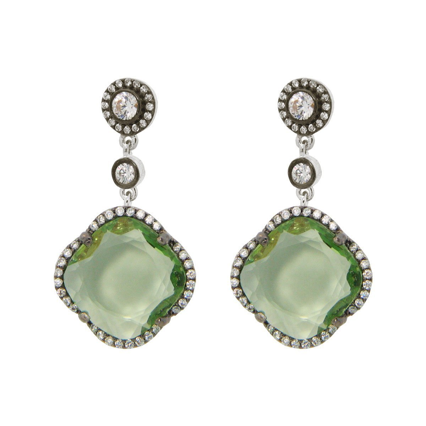 Women's Green Zirconia Stone Clover Dangle Earrings CZ Border Black Rhodium Flashed Sterling Silver