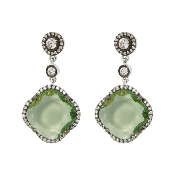 Women's Green Zirconia Stone Clover Dangle Earrings CZ Border Black Rhodium Flashed Sterling Silver