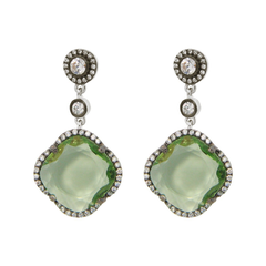 Women's Green Zirconia Stone Clover Dangle Earrings CZ Border Black Rhodium Flashed Sterling Silver