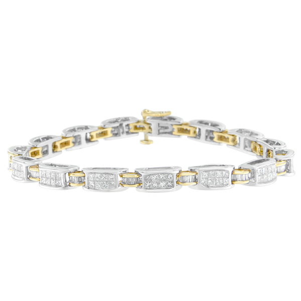 14K Two-Tone Gold 3 CTTW Princess and Baguette Cut Diamond Link Bracelet (H-I, SI1-SI2)