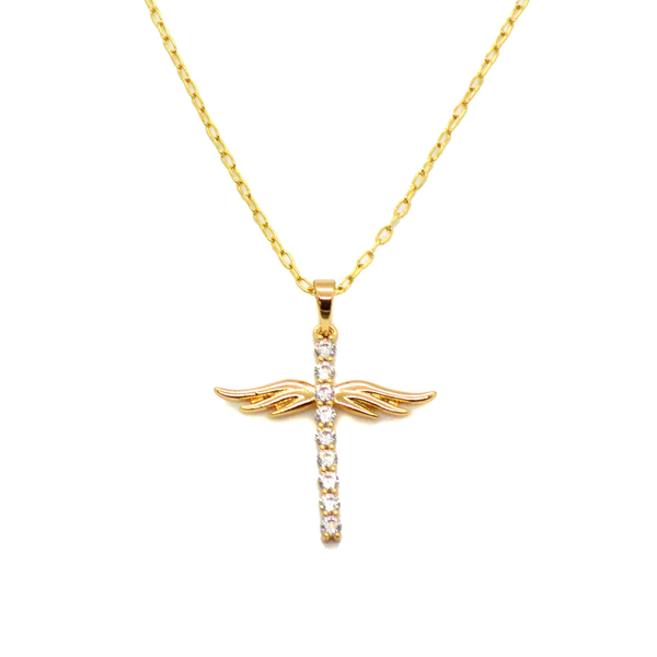 (1-2263-1868-h8) Gold Overlay Winged CZ Cross.