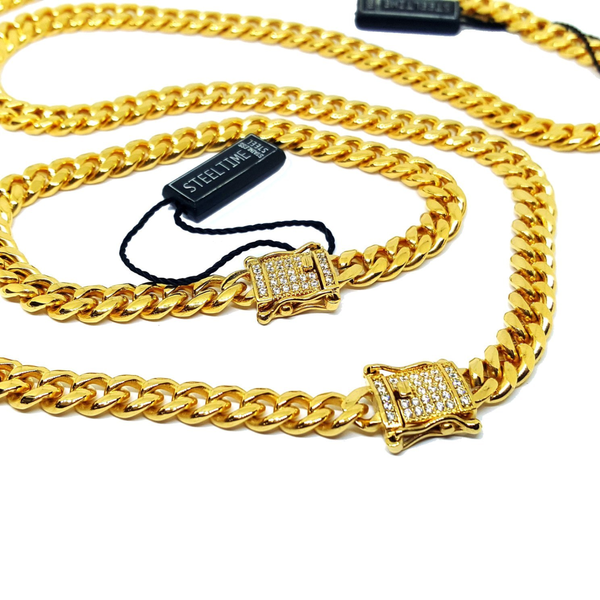 (4-60xx-3-h4) Gold Over Stainless Steel Cuban Link with Iced Superior Lock.