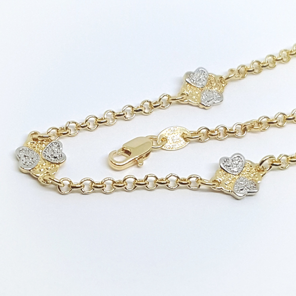 1-0206-h2 Gold Filled Two Tone Heart/Clover Charms Rolo Anklet, adjustable.