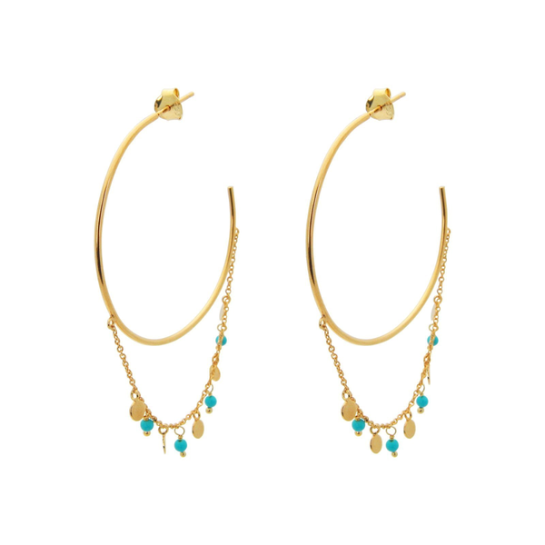 18k Gold Pl Silver Turquoise Chain & Hoops, 1.5"