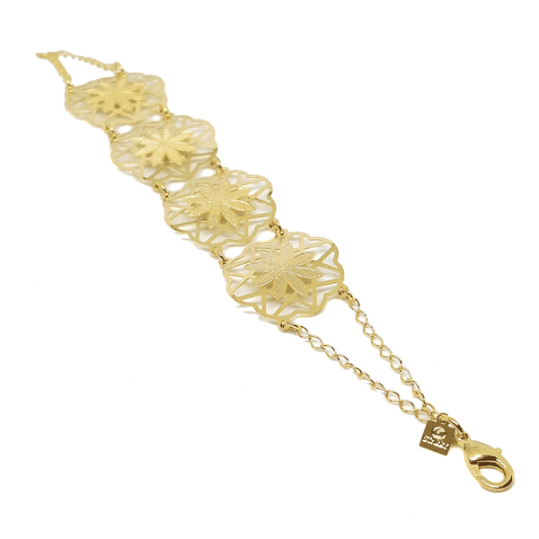 (1-0516-h6-2) Gold Overlay Flower Shield Link Bracelet.