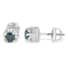 14k White Gold 1ct Treated Blue and White Round Cut Diamond Stud Earrings (I-J, I2-I3)