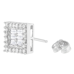 14k White Gold 1ct TDW Round and Baguette Diamond Stud Earrings(H-I,SI1-SI2)