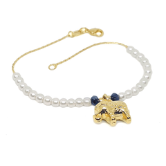 (1-0549-h7) Gold Overlay Elephant Charm Pearl Bracelet.