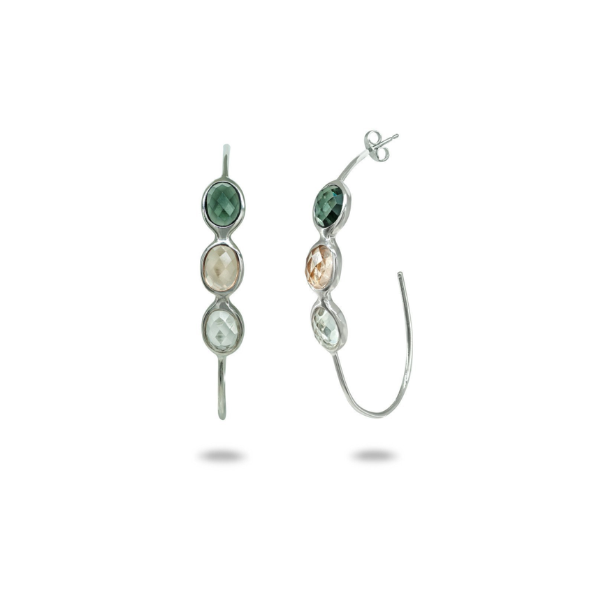 Tri Stone Half Hoop Earrings in Sterling Silver | Champagne & Black Obsidian Stone