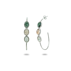 Tri Stone Half Hoop Earrings in Sterling Silver | Champagne & Black Obsidian Stone