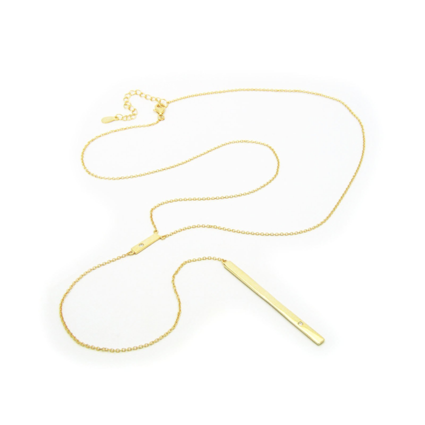 18K Gold Plated Lariat Necklace Bar Pendant With 2 Sparkling Zirconia Stones 35" Long Chain