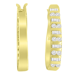 10k Yellow Gold 1 CTW Round and Baguette Diamond Hoop Earrings(I-J, I2-I3)