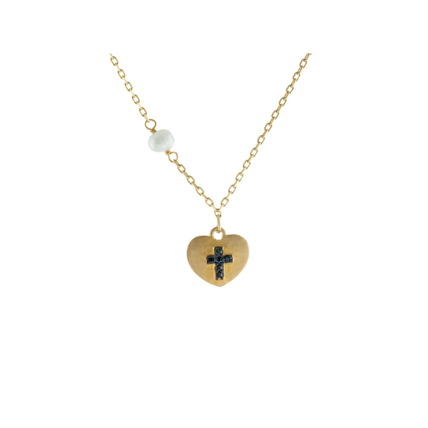 14k Gold Plated Silver Satin Heart w/ engraved Black Cross & Dangling Pearl Necklace, 15.5"