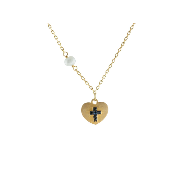 14k Gold Plated Silver Satin Heart w/ engraved Black Cross & Dangling Pearl Necklace, 15.5"