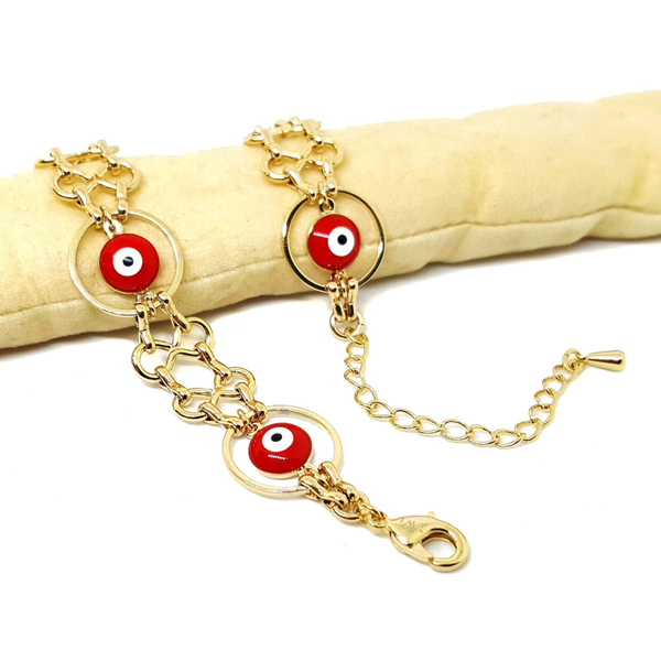 (1-0674-h5) Gold Plated Red Evil Eye Bracelet, 7"-9".