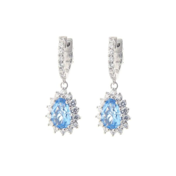 Sterling Silver Aqua Blue Cubic Zirconia Pear Pendant Huggie Hoop Earrings